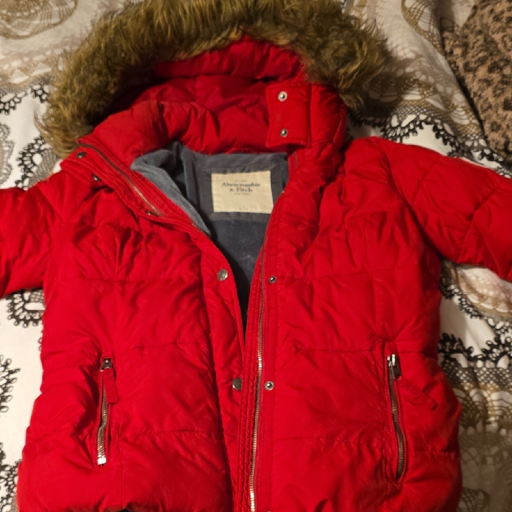 Vintage Abercrombie & Fitch Red Puffer Jacket with Faux Fur Hood